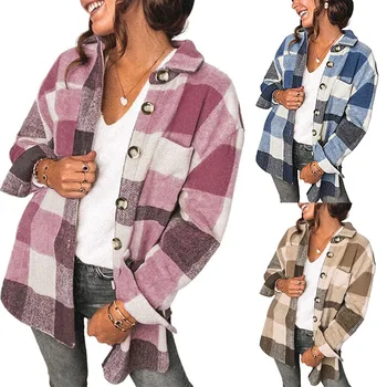 A nők 2021 őszi-téli alkalmi új kockás flanel gombos ing kabát