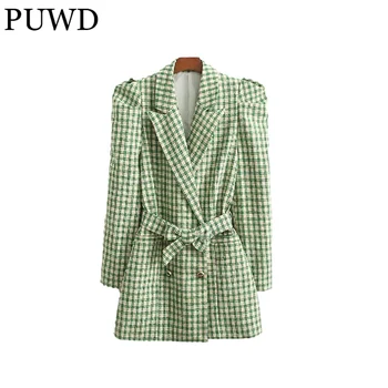 PUWD Vintage Nők Puff Ujjú Gombot Tweed Kabát 2021 Őszi Divat Női Zöld Kockás Szárnyak Kabát Női Elegáns Outwear