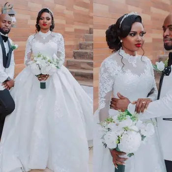 Afrikai Muszlim Esküvői Ruhák Puszta Nyak Illúzió Teljes Ujjú Gyöngyök vestido de novia Csipke Appliqués Plus Size Menyasszonyi Ruhák