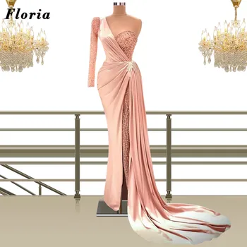 Floria Luxus 2022 Rózsaszín Arab Gyöngyös Estélyi Ruha, Köntös De Estély Plus Size Hableány Hosszú Ujjú Báli Ruhák, Celebrity Ruhák