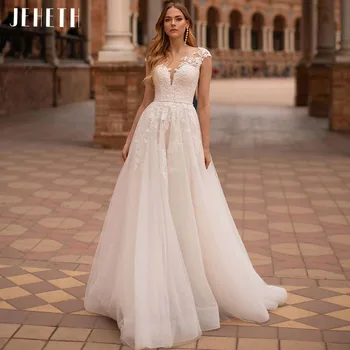 JEHETH Elegáns Csipke Tüll Rátétes Esküvői Ruhák Nőknek 2022 Cap Ujjú Egy Sort, Hosszú menyasszonyi Ruhát, Fehér vestidos de novia