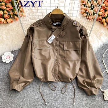 AZYT Vintage Stílusú Szélálló Kabát, PU Női 2021 Téli Új Nők Bomber Kabát Alkalmi, Rövid Streetwear Kabát, Női