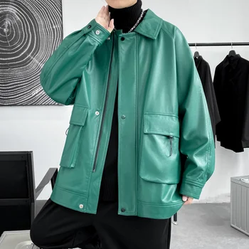 Zöld/Fekete bőrkabát Férfi Divat Zsebében Alkalmi Motoros Kabátok, Férfi Streetwear Laza Hip-hop Bomber Dzseki Férfi Outwear