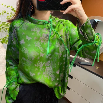 Magas Minőségű, Tavaszi, Nyári Nyomtatott Póló Selyem O Nyakú Hosszú Ujjú Új Kínai Lace-Up Lady-Top S-XL