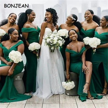 Dél-Afrikai Zöld Koszorúslány Ruhák Fekete Lányok Rugalmas Szatén V-Nyak Bridemaid Ruha Csipke Vissza az Esküvő Party Ruha