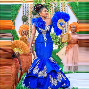 Luxus Royal kék Afrika Estélyi Ruhák Hableány Plus Size Hosszú Ujjú Appliqués Aso Ebi Szalagavató Party Ruhák 2021